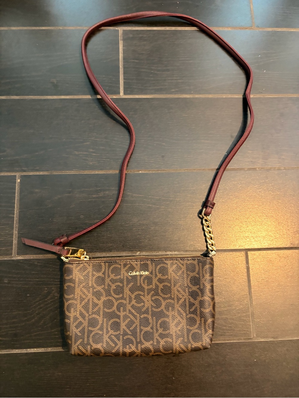 Calvin Klein Brown Monogram Crossbody with Burgundy Strap and Gold Hardware
